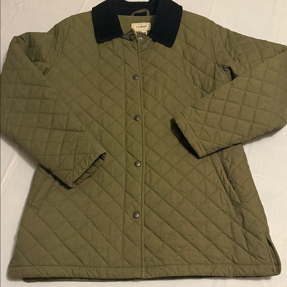 L.L. Bean Olive Quilted Jacket with Black Collar